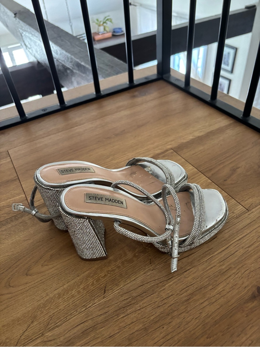Steve Madden Silver Rhinestone Block Heel Sandals